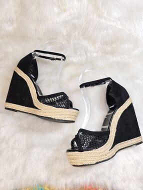 Elle Black and Natural Espadrille Wedge Sandals
